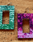 Angelco Accessories - reversible rectangle hoop paper earrings - showing both sides of earrings - green or purple