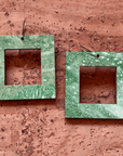 Angelco Accessories - reversible square hoop paper earrings - showing green side only - pink or green