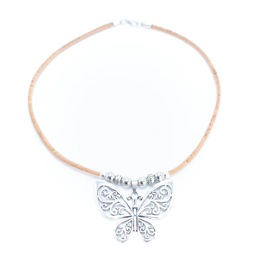 Angelco Accessories Butterfly pendant cork necklace on white background