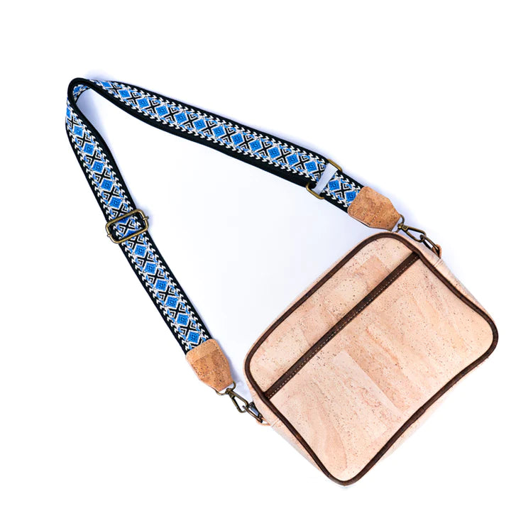 Angelco Accessories Cork camera bag - style A - front view of bag with patterned strap extended