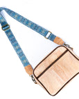 Angelco Accessories Cork camera bag - style B - front view of bag with patterned strap extended