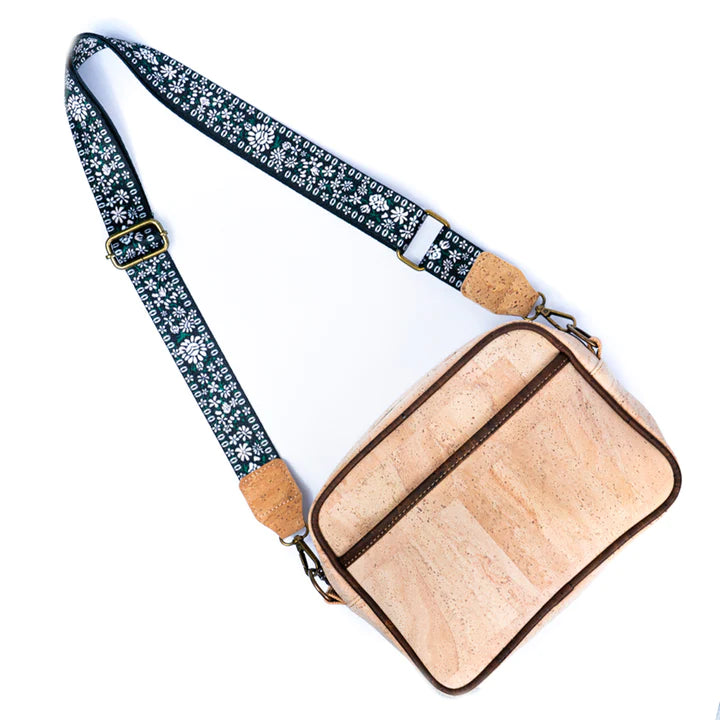 Angelco Accessories Cork camera bag - style c - front view of bag with patterned strap extended