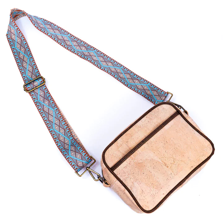Angelco Accessories Cork camera bag - style D - front view of bag with patterned strap extended