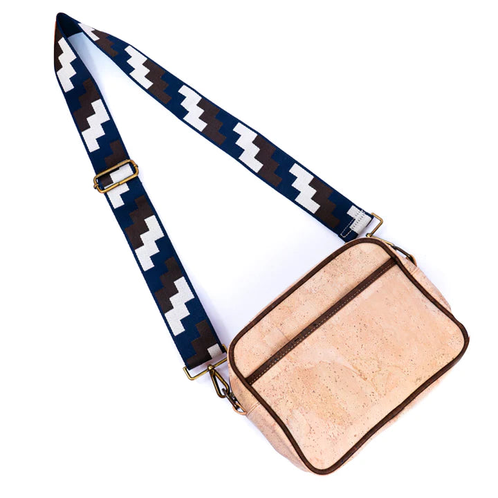 Angelco Accessories Cork camera bag - style E - front view of bag with patterned strap extended
