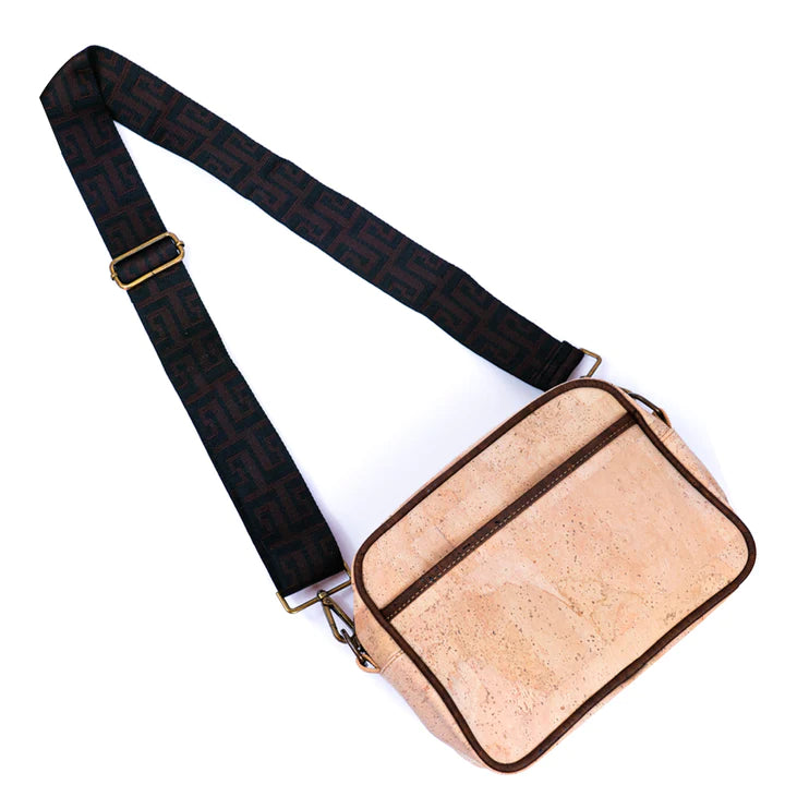 Angelco Accessories Cork camera bag - style F - front view of bag with patterned strap extended