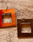 Angelco Accessories - reversible square hoop paper earrings - showing both sides of earrings - burnt orange or brown