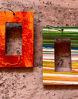 Angelco Accessories - reversible rectangle hoop paper earrings - showing both sides of earrings - orange or yellow green
