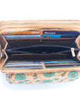 Angelco Accessories - Front pocket phone wallet crossbody cork bag - top view with card and coin section open