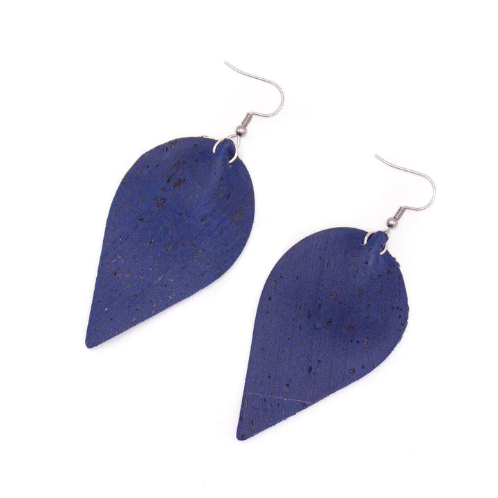 Angelco Accessories Leaf shaped indigo cork drop earrings - flatlay on white background