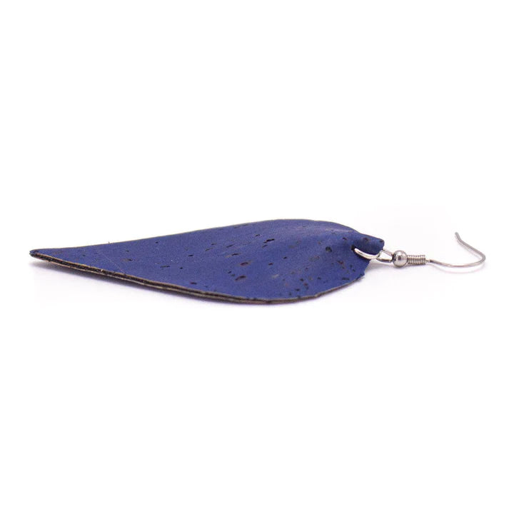 Angelco Accessories Leaf shaped indigo cork drop earrings - side view of earring on white background