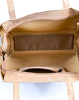 Angelco Accessories Lush cork tote bag - top view of open bag showing zippered interior pocket, zippered bag closure and soft microfibre interior
