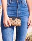Angelco Accessories Millie cork wallet - front view of cork wallet monochrome deco print held in female model's hand