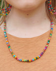 Mini kantha short necklace as worn by model - close up