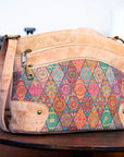Angelco Accessories Pippa cork handbag - tile style - bag sitting on small wooden table