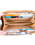 Angelco Accessories Riley phone wallet cork sling - top view of open wallet showing card slots and zippered coin purse