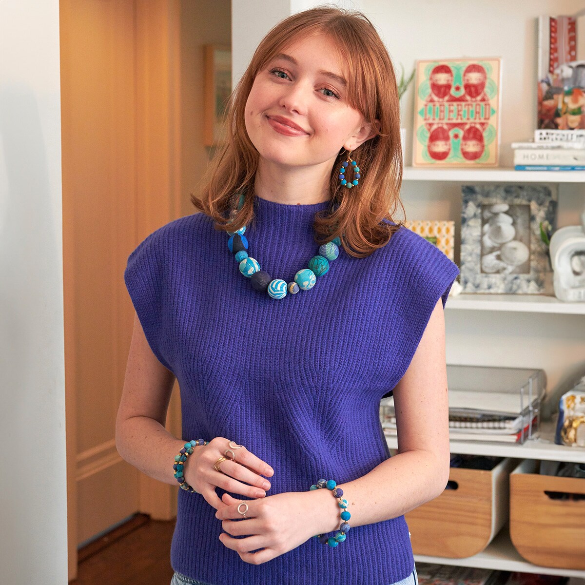 Small teardrop kantha earrings - Azure - as worn by model with other azure kantha jewellery pieces