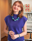 Small teardrop kantha earrings - Azure - as worn by model with other azure kantha jewellery pieces