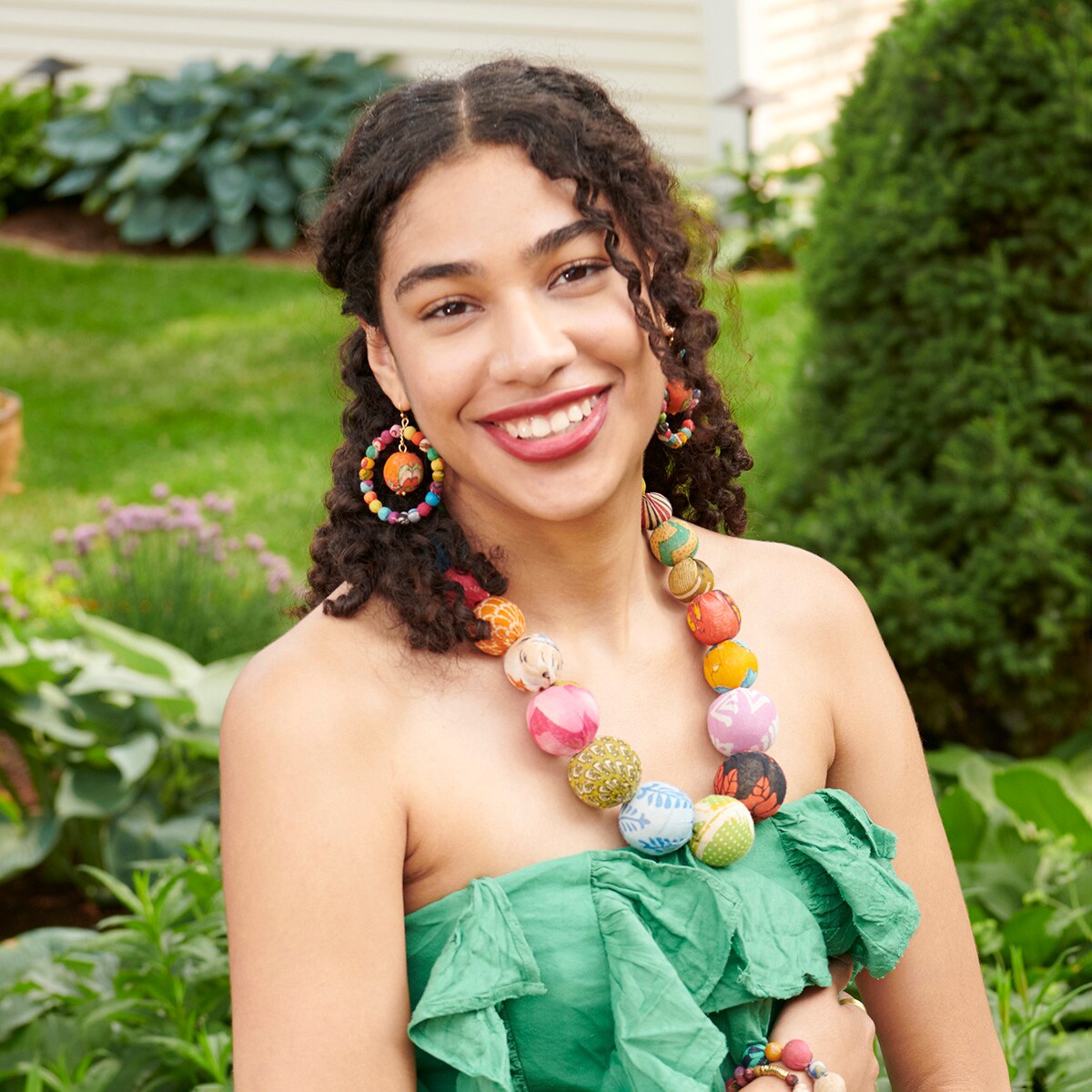 Soleil kantha hoop earrings as worn by model - front view