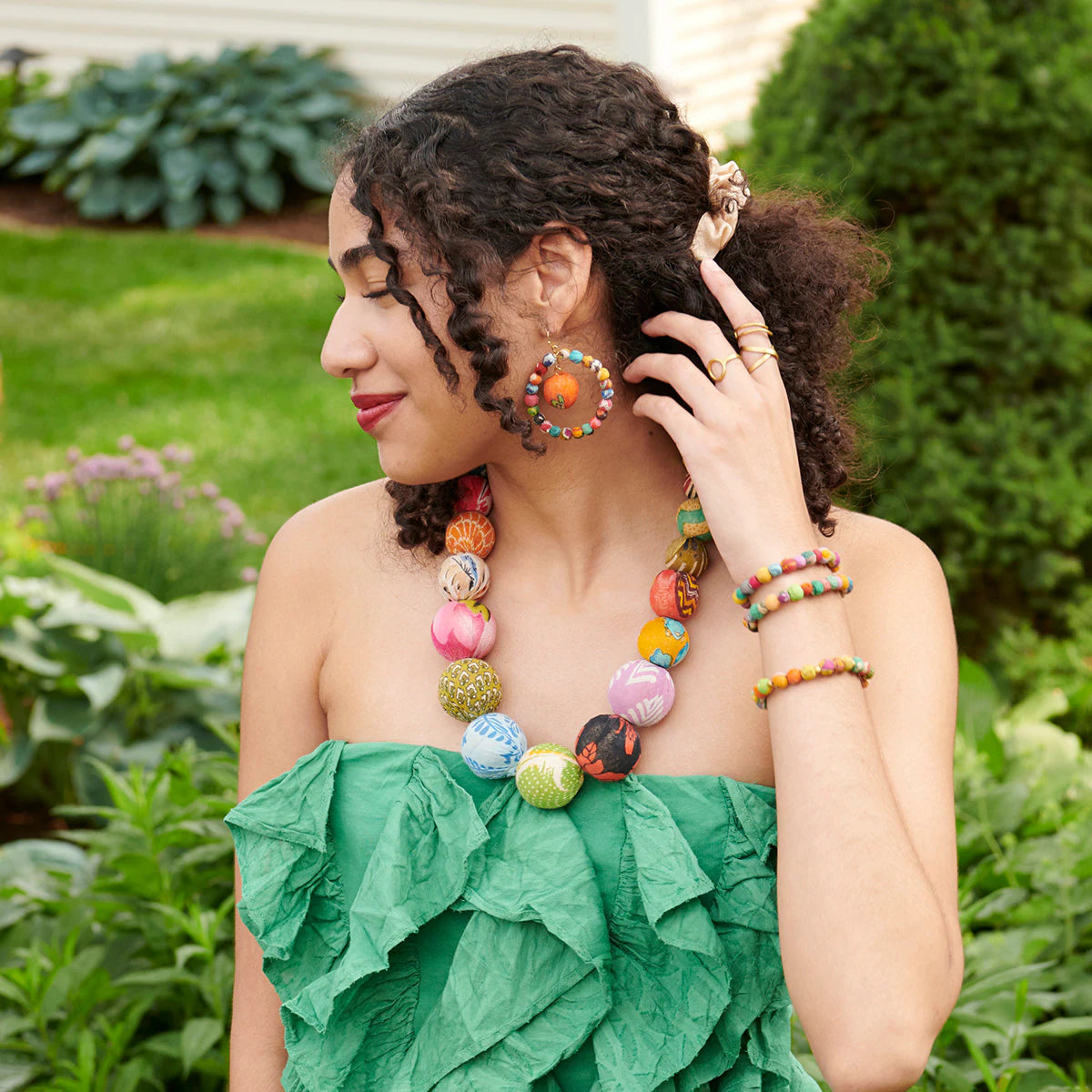 Soleil kantha hoop earrings as worn by model - side view shows size