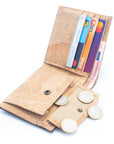 Angelco Accessories Adam cork wallet shown open with cards, coins and cash