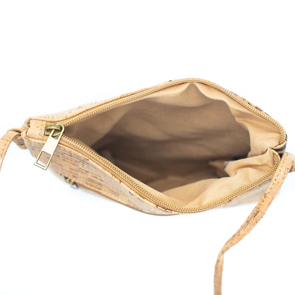 Angelco Accessories Square panel cork crossbody bag - blue on white flatlay - open inside view