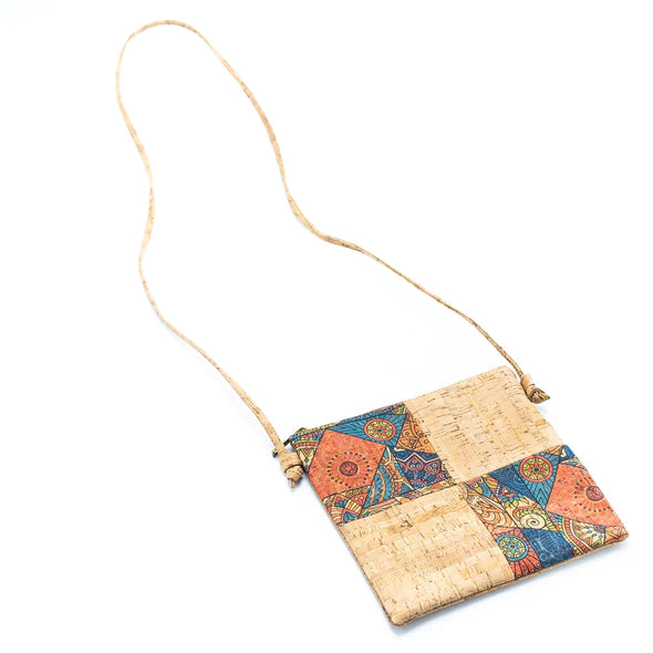 Angelco Accessories Square panel cork crossbody bag - on white flatlay with full length of strap