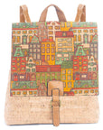 Angelco Accessories cork backpack with colourful city design and vegan leather straps on white background