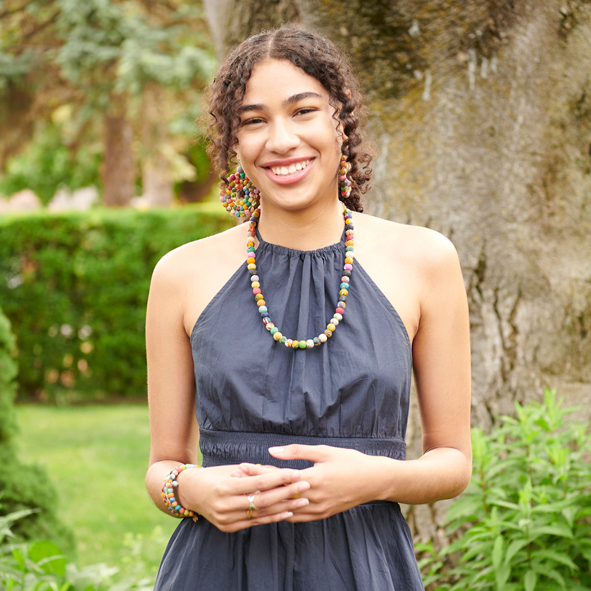 Angelco Accessories single strand kantha short necklace as worn by model