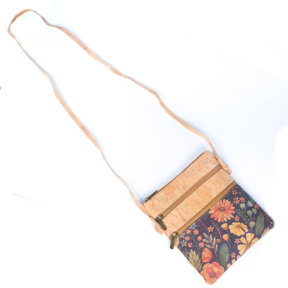 Angelco Accessories - Triple section crossbody bag - black floral, white flatlay with strap extended