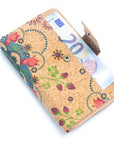Angelco Accessories Printed mid size cork wallet on white flatlay with money displayed in front pocket