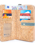 Angelco Accessories Printed mid size cork wallet on white flatlay showing open foldout section
