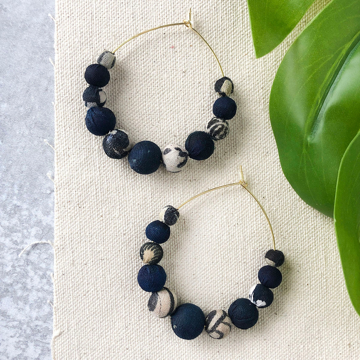 Indigo kantha hoop earrings