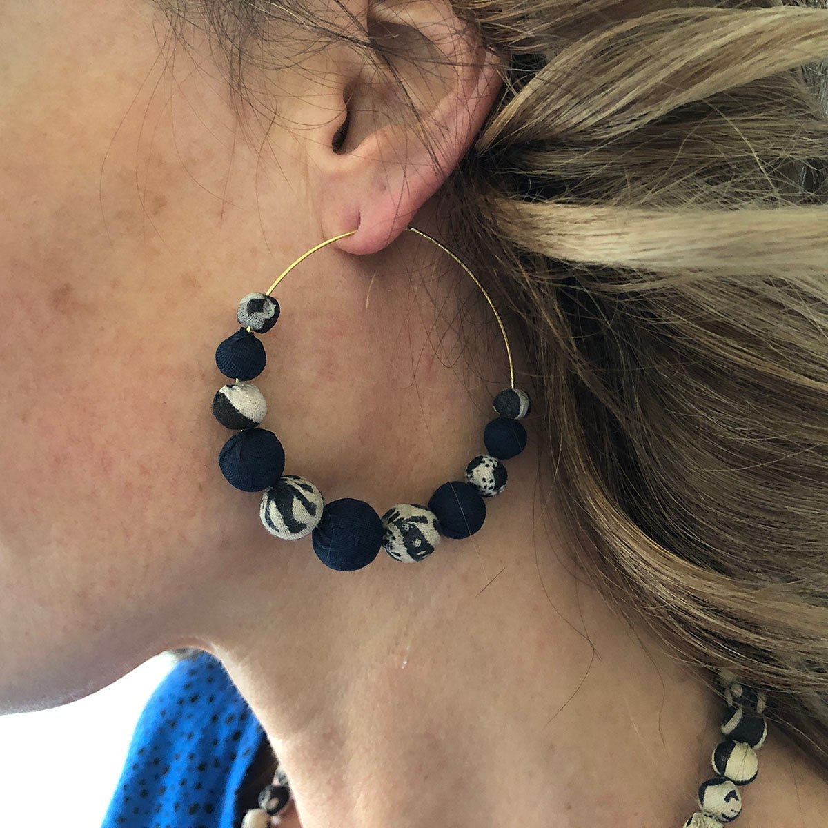 Indigo kantha hoop earrings