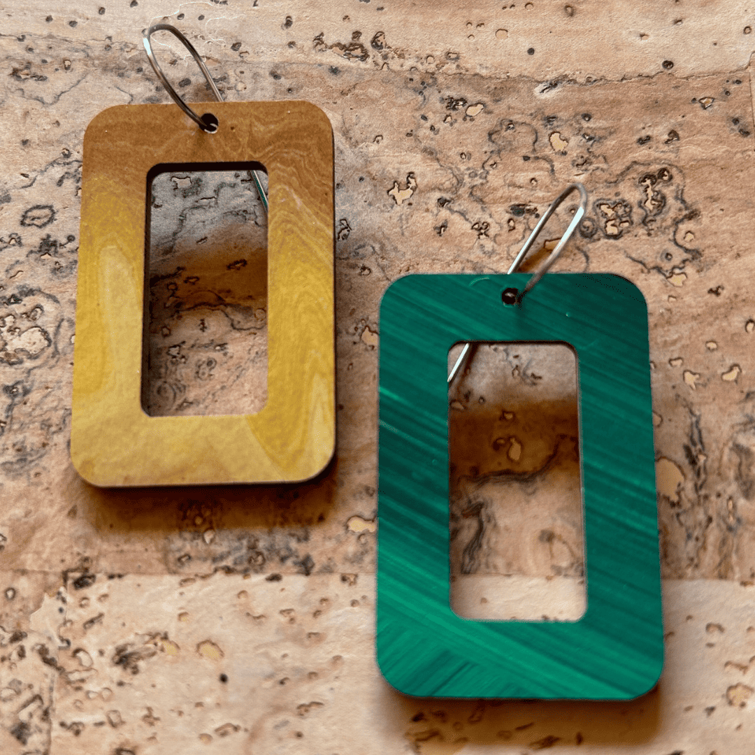 Angelco Accessories reversible rectangular hoop paper earrings - showing both sides - green / gold