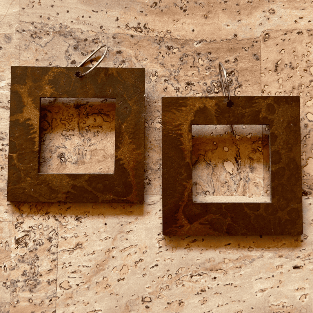 Angelco Accessories - reversible square hoop paper earrings - showing brown side only - burnt orange or brown