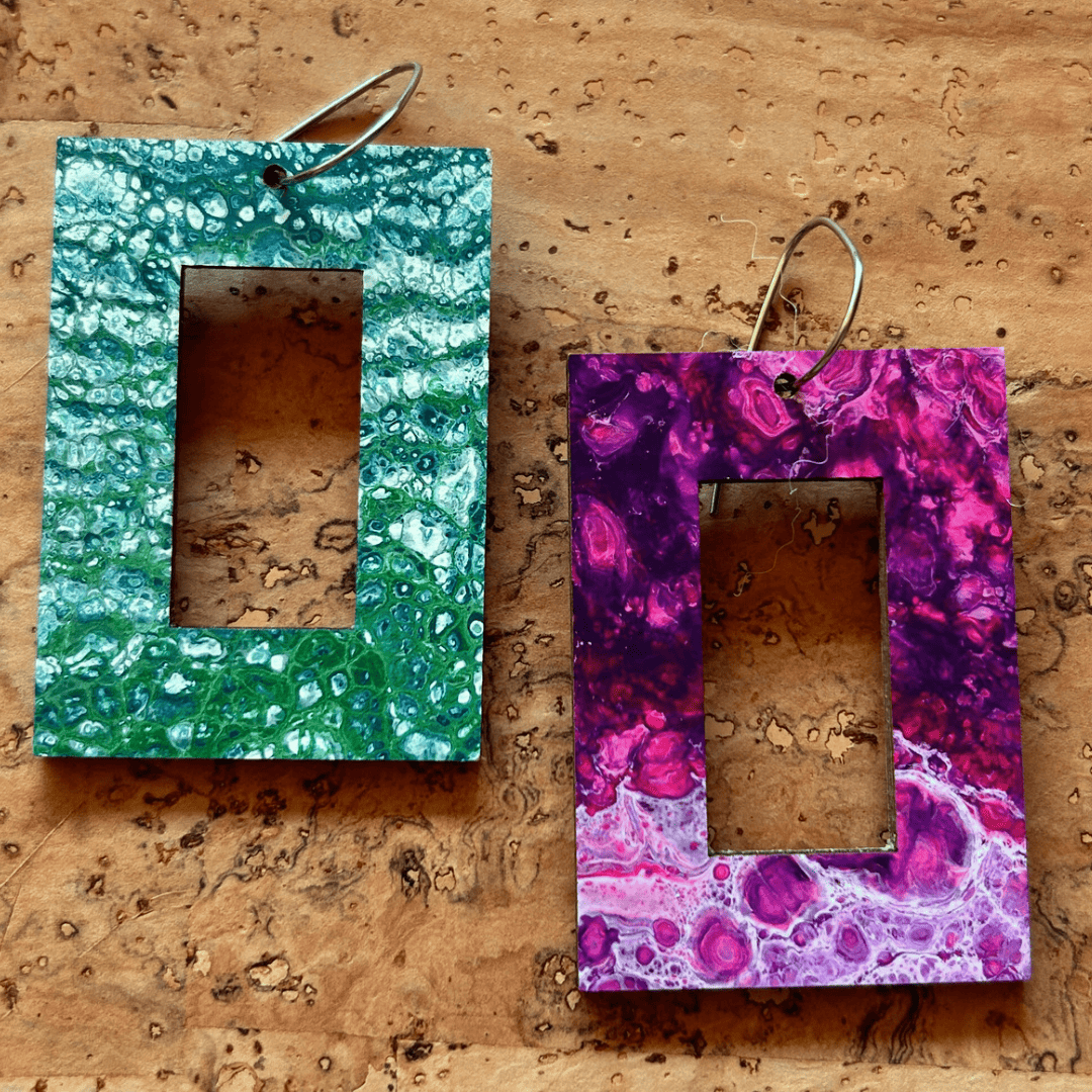 Angelco Accessories - reversible rectangle hoop paper earrings - showing both sides of earrings - green or purple