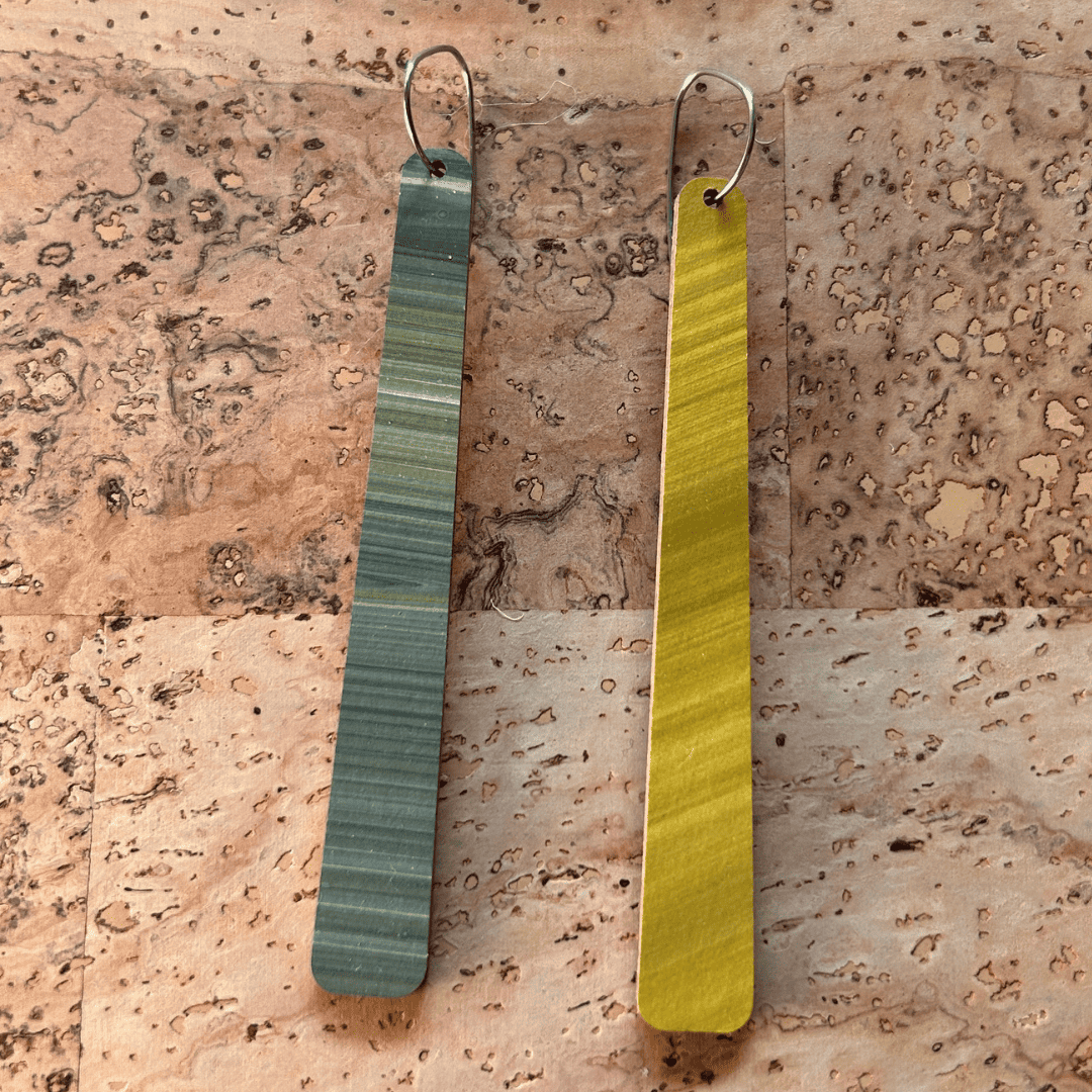 Angelco Accessories reversible paddle paper earrings - showing the colour on each side - gold or khaki