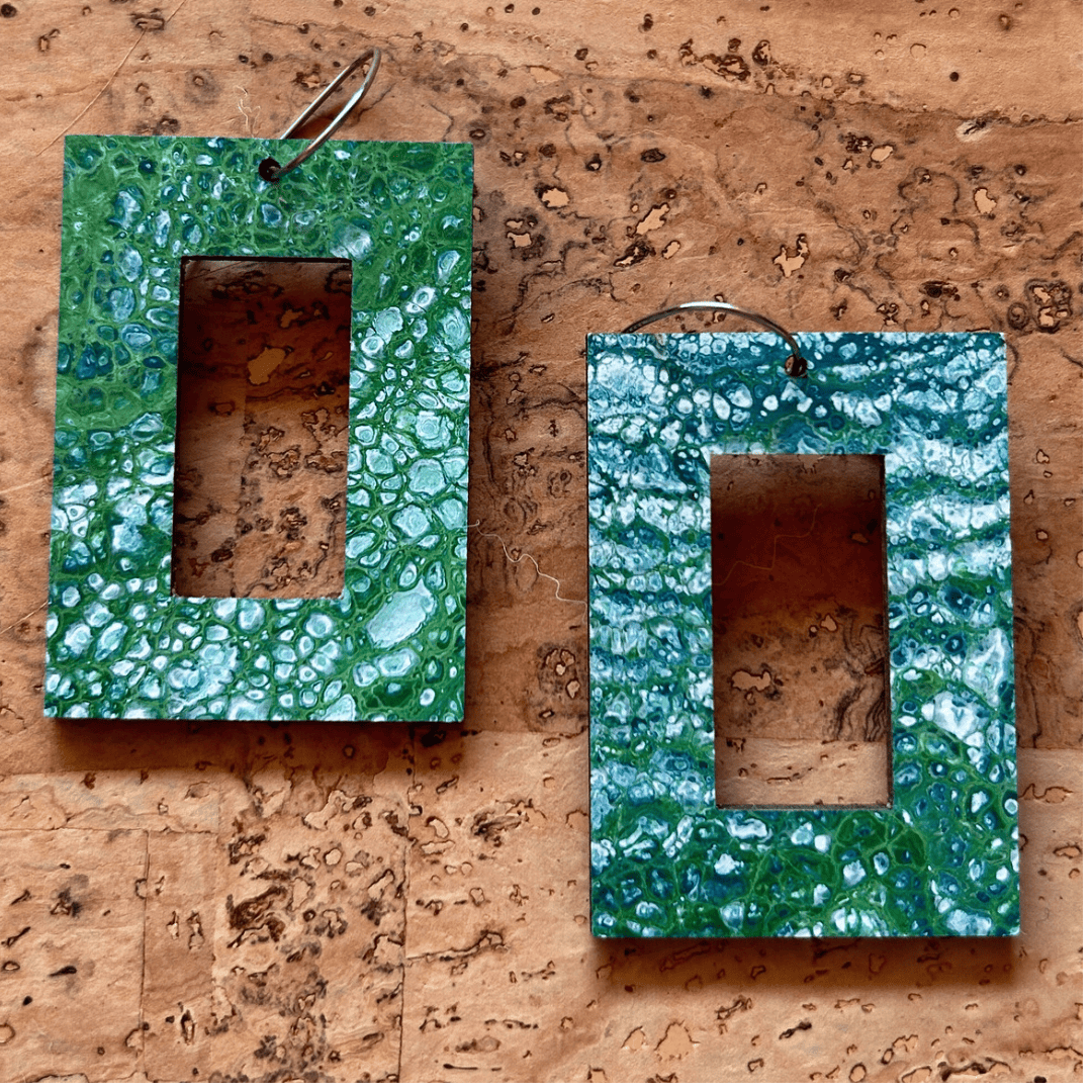 Angelco Accessories - reversible rectangle hoop paper earrings - showing the green side only - green or purple