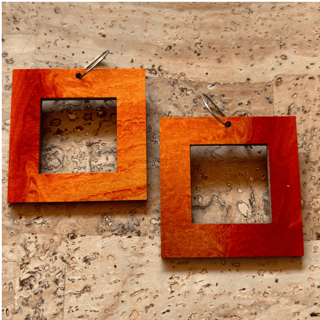 Angelco Accessories - reversible square hoop paper earrings - showing burnt orange side only - burnt orange or brown