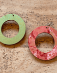 Angelco Accessories reversible circle hoop paper earrings - showing both sides - pink/green
