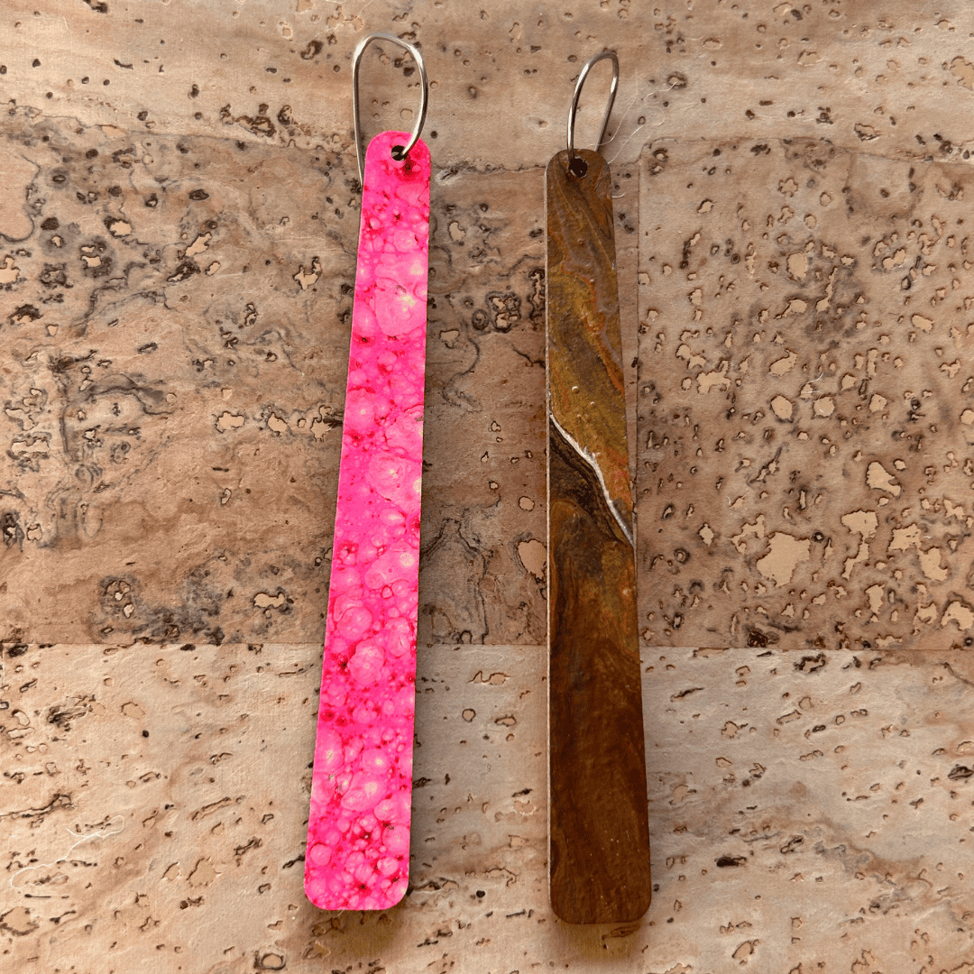 Angelco Accessories reversible paddle paper earrings - showing the colour on each side - pink or brown