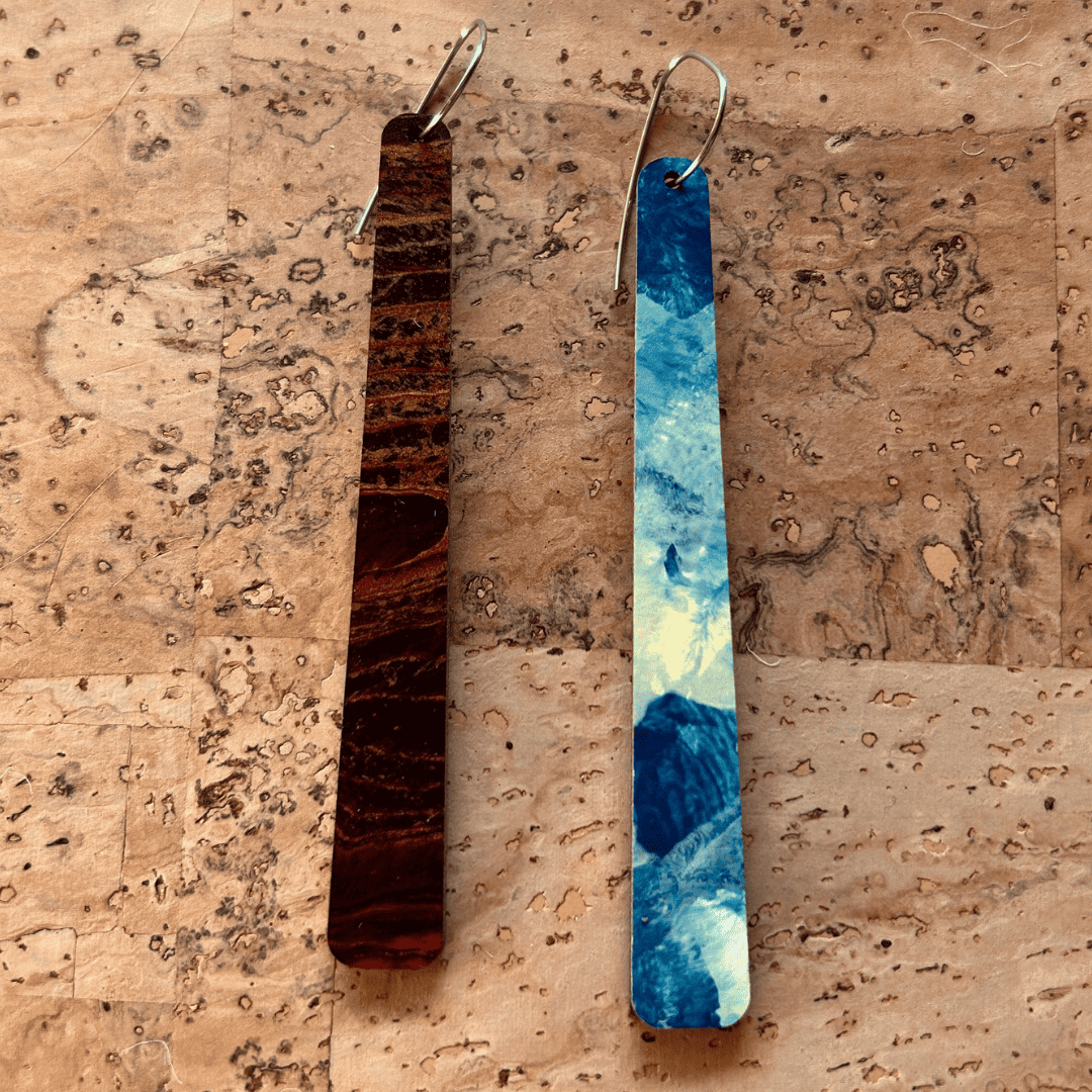 Angelco Accessories reversible paddle paper earrings - showing the colour on each side - brown or blue