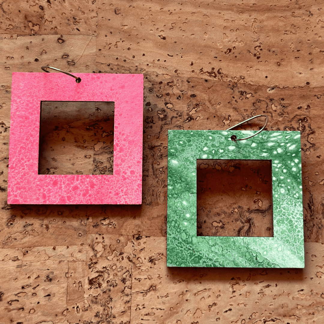Angelco Accessories - reversible square hoop paper earrings - showing both sides of earrings - pink or green
