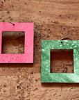 Angelco Accessories - reversible square hoop paper earrings - showing both sides of earrings - pink or green