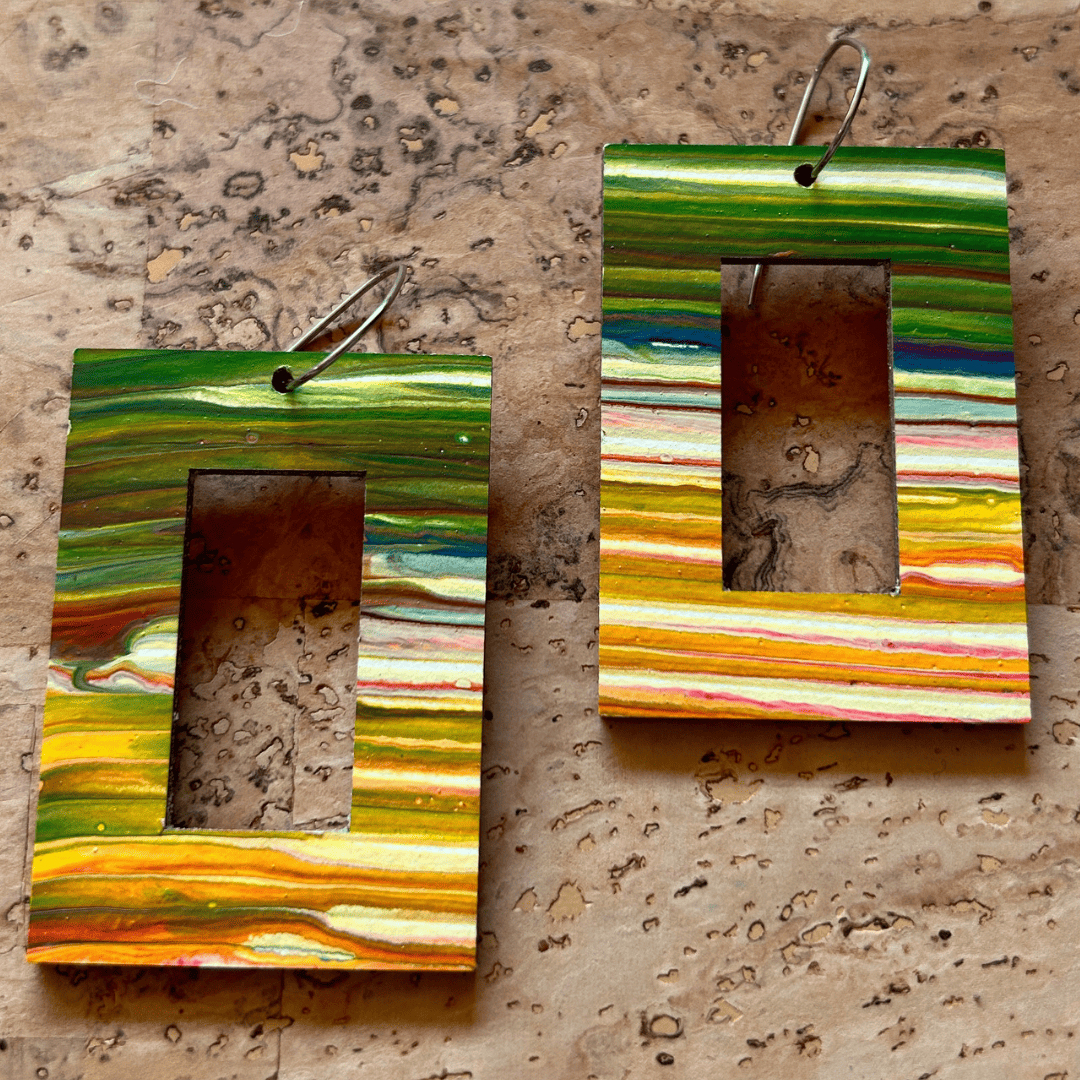 Angelco Accessories - reversible rectangle hoop paper earrings - showing the yellow green side only - orange or yellow green