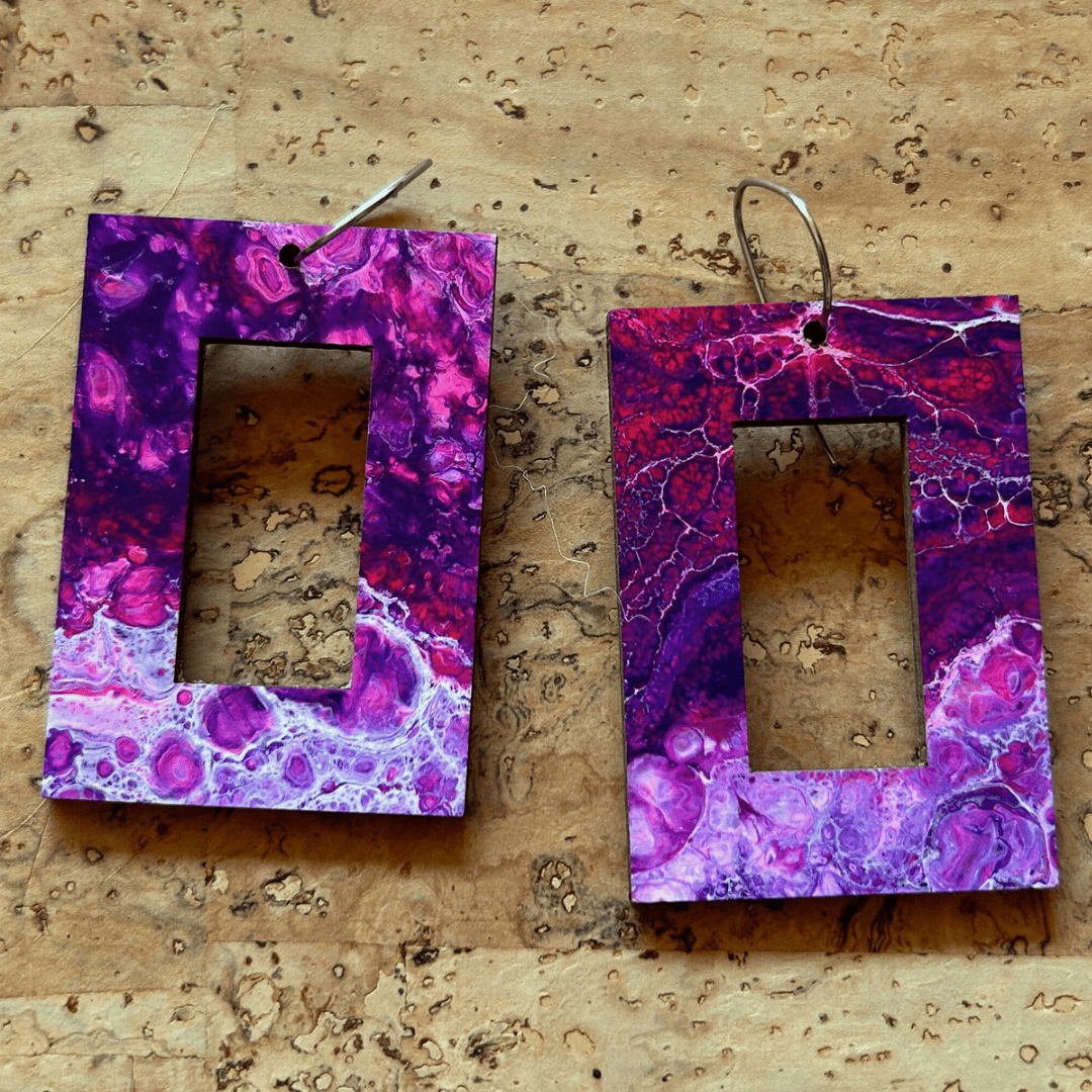 Angelco Accessories - reversible rectangle hoop paper earrings - showing the purple side only - green or purple