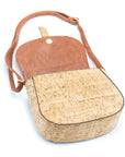 Angelco Accessories Andrea cork crossbody bag, front view of open bag laid on a white background