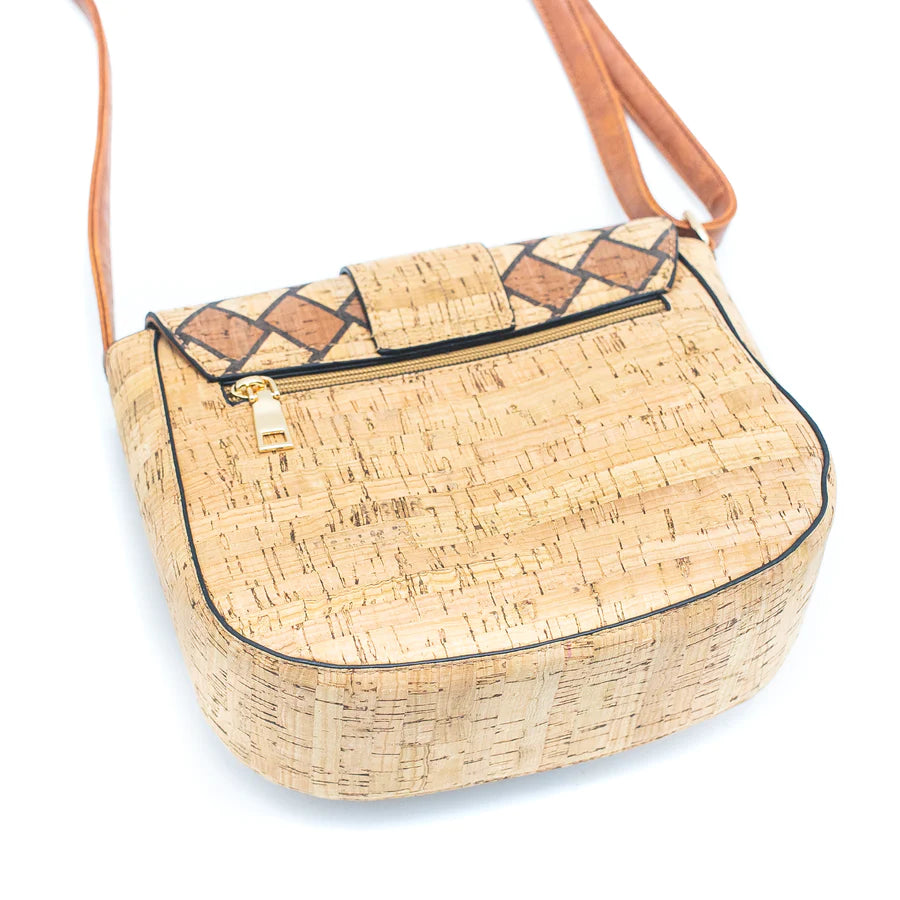 Angelco Accessories Andrea cork crossbody bag in brown, rear view laid on a white background