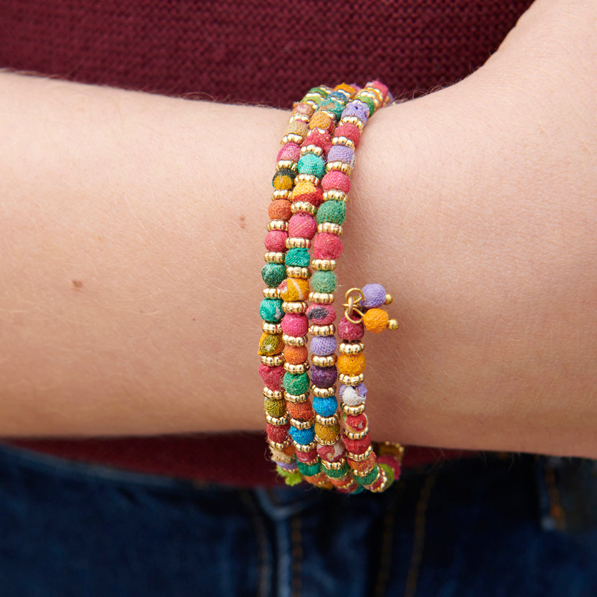 Angelco Accessories mini kantha bead bangle as worn by model in close up view