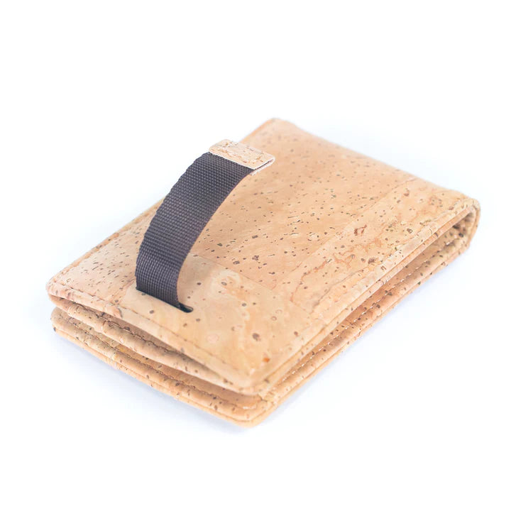 Angelco Accessories Caleb cork wallet  - back view of wallet with tab pulled to help remove cards from pocket